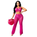 Pink crochet two-piece set featuring a tassel halter top and hollow out knit wide-leg pants - Rose Red