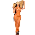 Detail of orange knitted beach cover-up featuring fringe texture and sexy backless design - Orange