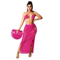 Detail of hot pink knit crochet two-piece set with side slit skirt and halter bra top - Rose Red