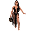Sexy schwarzes handgehäkeltes Strand-Set für Damen mit langen Fransen-Quasten - Schwarz