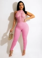 Detail der rosa Hahnentritt-Hose mit transparentem Netzoberteil und Goldknöpfen - S / Rosa (G0457)