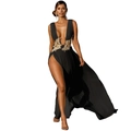 Elegant black deep V-neck evening gown featuring gold floral embroidery and high side slit - L / Black