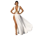 Elegant white deep V-neck evening gown with gold embroidery and high slit detail - S / White