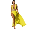 Elegant bright yellow evening gown with deep V-neck and gold floral embroidery - M / Yellow