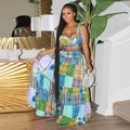 Summer 2-piece set featuring a colorful plaid crop top and high-waist maxi skirt - S / Green