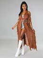 Gilet en maille marron pour femme avec ajourages et longues franges bohème - Chameau