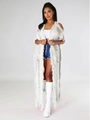 Gilet en maille crème pour femme avec franges bohèmes et détails ajourés usés - Blanc