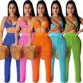 Women's two-piece crochet knit set with halter top and wide pants in five vibrant colors - Assorted 5 Colors