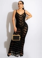 Schwarzes Häkel-Maxikleid für Damen mit hohlem Strickmuster und Fransen für den Strand - S / Schwarz