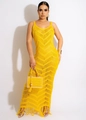 Abito lungo giallo all'uncinetto con frange e trama a onde in stile bohémien - Giallo