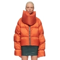 Detail view of the oversized bright orange puffer jacket with high collar and satin finish - S / Orange