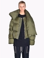 Detail of army green puffer jacket featuring an oversized scarf collar and silver zipper - S / Army Green