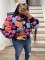 Vintage-Jacke für Damen mit bunten 3D-Blumenmustern und einreihiger Knopfleiste - S / Rosarotes Blumenmuster Auf Schwarz