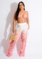 Detail of pink gradient knit pants with hollow-out design and fringe for beachwear - S / Top And Bottom / Pink Gradient