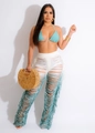 Detail of blue gradient beach set featuring shredded hollow out pants with boho fringe trim - S / Top And Bottom / Gradient Lake Blue