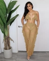 Zweiteiliges Damen-Strickset in Khaki mit Neckholder-Top und Hose mit Fransenverzierung - S / Khaki