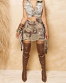 Set estivo da donna con stampa mimetica, top a fascia e minigonna con bordi a frange - S / Camuffamento del Deserto