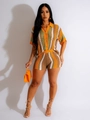 Zweiteiliges Damen-Häkelset mit gestreiftem Oberteil mit Kragen und High-Waist-Shorts - S / Orange