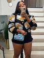 Schwarze Strickjacke mit 3D-Blumendetails und gelben Knöpfen im Retro-Stil für Damen - S / Schwarzer Hintergrund Graue Blumen