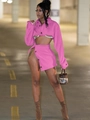 Roze fleece tweeledige set met korte jas en minirok met hoge split voor dames - S / Roze