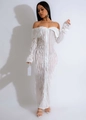 Detailed view of the white off-shoulder dress with vertical pleated wavy textures - White