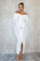 Detail view of white off-shoulder long sleeve dress featuring wave texture and front buttons - White