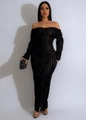 Front full view of an elegant black off-shoulder maxi dress with sheer striped texture - Black
