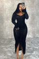 Detail of off-shoulder black ribbed dress with button-up front and lettuce edge texture - Black