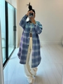 Giacca a camicia lunga a quadri da donna con tasche sul petto e vestibilità ampia - Blu (G0648) / S