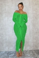 Detail of neon green off-shoulder knit dress featuring ribbed texture and front buttons - S / Green