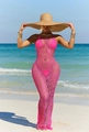 Close-up of pink crochet beach cover-up with hollow mesh texture and halter neck detail - S / Rose Red