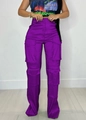 High-waisted purple cargo pants for women with functional multi-pockets and satin finish - S / Purple