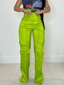 Women's high waist multi-pocket cargo pants in vibrant neon green satin finish - S / Fluorescent Green