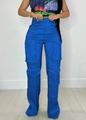 Women's high waist cargo wide leg pants in bright royal blue with multiple utility pockets - S / Blue