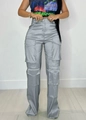 Women's high waist cargo pants in silver grey satin finish with multiple utility pockets - S / Gray