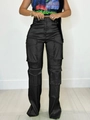 Pantalon cargo noir taille haute pour femme avec poches multiples et fini satiné - S / Noir
