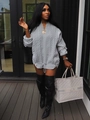 Grey knit patchwork cotton coat with drawstring hem paired with black leather over-knee boots - S / Gray