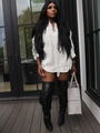 Women's white cable knit sweater with drawstring hem and stylish black over-knee boots - S / White