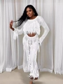 White crochet knit two-piece set with long sleeve top, tassel pants, and hollow-out design - White
