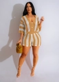 Detail of women's crochet knit two-piece set featuring hollow stripes and V-neck cardigan - S / Top And Bottom / Khaki Striped (Z0235)