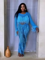Conjunto de dos piezas de ganchillo azul con mangas largas y detalles de flecos calados - S / Azul