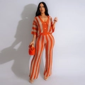 Ensemble tricoté rayé orange pour femme avec gilet à col en V et pantalon large fluide - Rayé Orange et Blanc