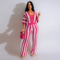 Gebreide tweedelige set voor dames met roze en witte strepen, V-hals vest en wijde broek - S / Roze Witte Strepen