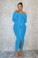 Sky blue off-shoulder long sleeve dress with ruffled texture and front button detail - S / Blue