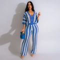 Tweedelige gebreide dames-set met blauw-witte strepen, V-hals top en wijde broekspijpen - S / Blauw-witte strepen