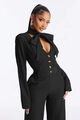 Detail of elegant black pinstripe jumpsuit with large bow tie and amber buttons - S / Black
