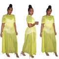 Sheer neon green mesh maxi dress with puff sleeves and ruffles in three-view display - S / Tops / Yellow