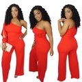 Roter One-Shoulder-Jumpsuit mit weitem Bein und Taillenschleife, Vorder- und Rückansicht - S / Rot