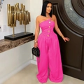 Hot pink strapless wide-leg jumpsuit with decorative gold buttons for chic women - Rose Red