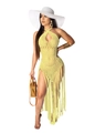 Yellow crochet halter maxi dress featuring a hollow-out knit design and long fringe hem - Yellow